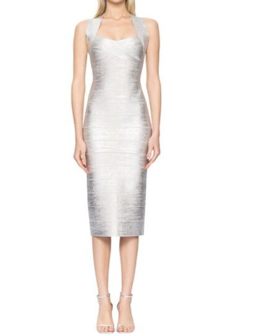 Herve Legger Stretch Halter Back Midi Dress